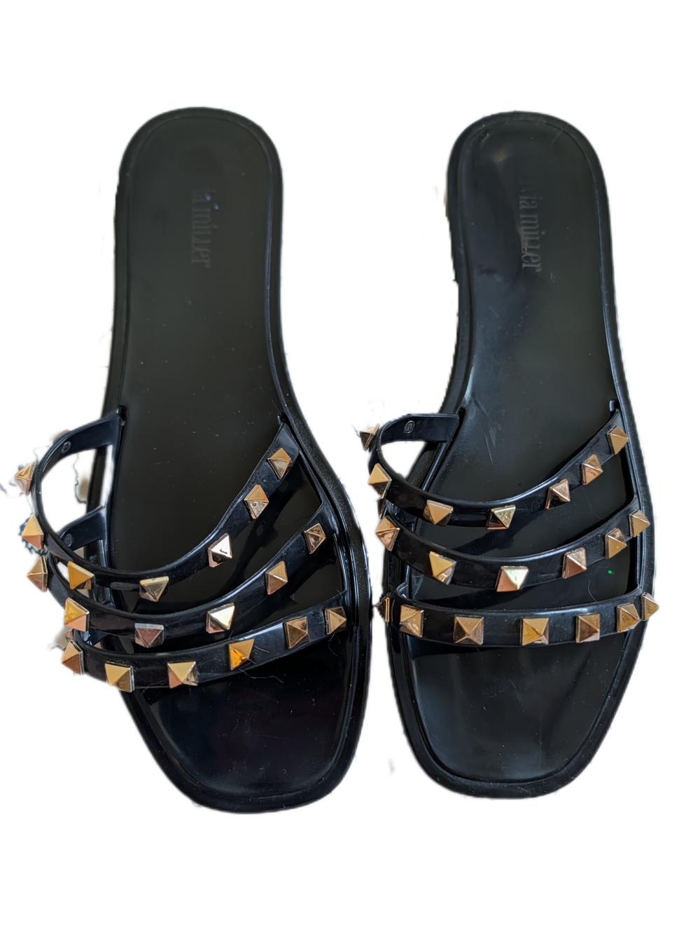 Olivia Miller Black Slide Sandals with Gold Studs